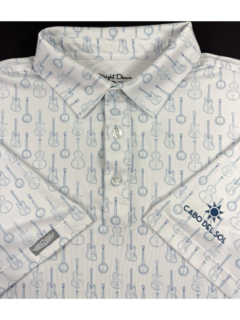 Straight Down Mens Polo Shirt Cabo Del Sol Golf Mexico Sz Medium Guitar Print